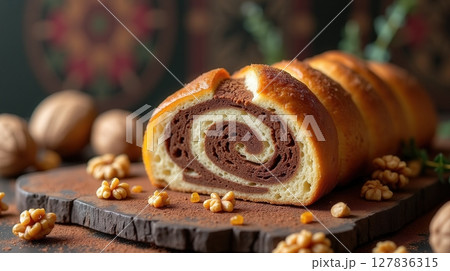 Delicious cozonac showcasing swirls of chocolate and walnut in Romania's festive traditions Delicious cozonac showcasing swirls of chocolate and walnut in Romania's festive traditions 127836315