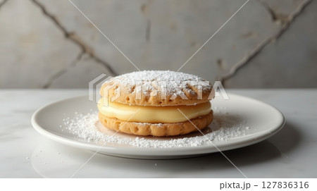Delicious Uruguayan alfajores dessert served on a plate with powdered sugar 127836316