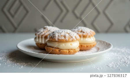 Uruguayan alfajores dessert served on a plate with powdered sugar in a cozy setting Uruguayan alfajores dessert served on a plate with powdered sugar in a cozy setting 127836317