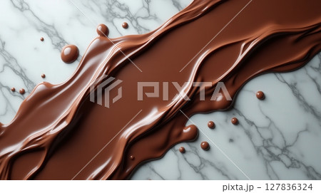 Rich melted chocolate flowing over a smooth marble surface in artisanal kitchen 127836324