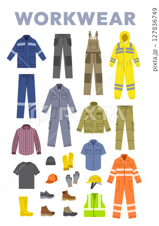 Workwear clothes and shoes. Industrial worker outfit. Work jacket, cargo pants with knee patches, coverall with reflective stripes, overall with pockets, rubber boots, safety helmet, protective gloves Workwear clothes and shoes. Industrial worker outfit. Work jacket, cargo pants with knee patches, coverall with reflective stripes, overall with pockets, rubber boots, safety helmet, protective gloves 127836749