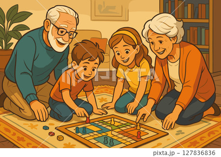 Grandparents and kids playing board games on living room rug Grandparents and kids playing board games on living room rug 127836836