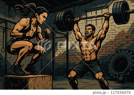 Intense CrossFit Duo Training in Industrial Gym Setting 127836878