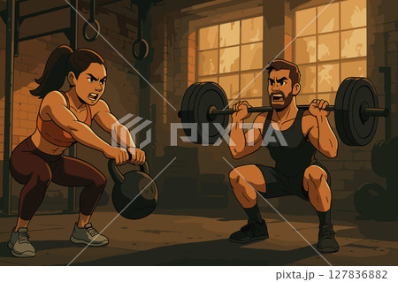 Intense CrossFit Duo Training in Industrial Gym Setting 127836882