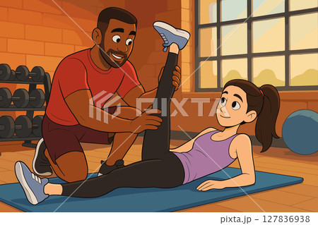 Personal Trainer Assisting Clients with Safe Hamstring Stretches on Mats 127836938