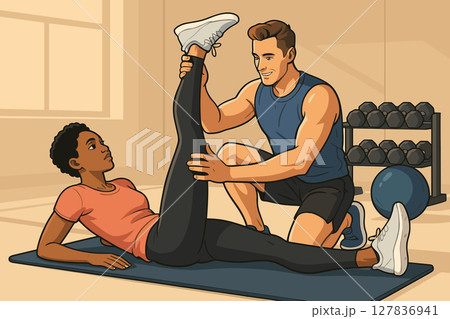 Personal Trainer Assisting Clients with Safe Hamstring Stretches on Mats 127836941