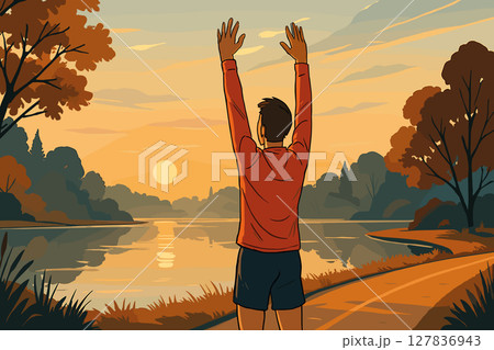 Person Stretching at Sunrise Near Water Before Peaceful Morning Jog 127836943
