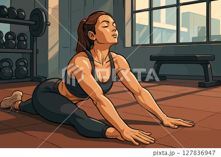 Focused Woman Stretching Mindfully on Gym Floor After Workout 127836947