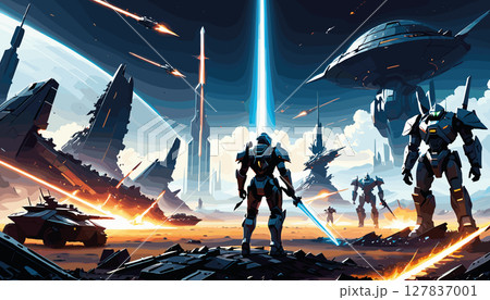 Futuristic armored mechs in an epic sci-fi battle 127837001