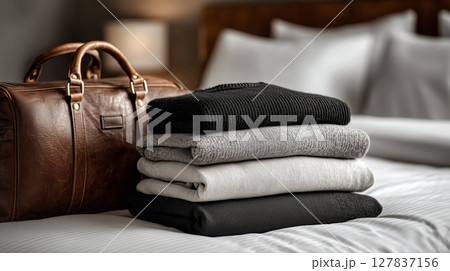 Capsule wardrobe displayed elegantly on a hotel bed during a cozy stay Capsule wardrobe displayed elegantly on a hotel bed during a cozy stay 127837156