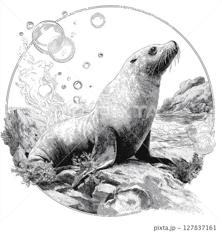 Happy sea lion enjoying sun and bubbles on a sunny rock Happy sea lion enjoying sun and bubbles on a sunny rock 127837161