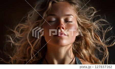 Breathe deeply in slow-motion during yoga exhale at serene location Breathe deeply in slow-motion during yoga exhale at serene location 127837162