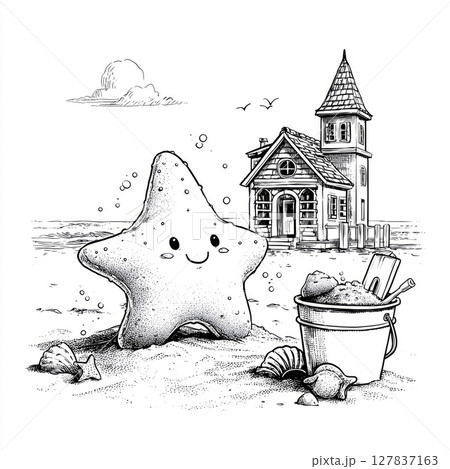 Starfish skillfully crafting a whimsical sandcastle on the shore 127837163