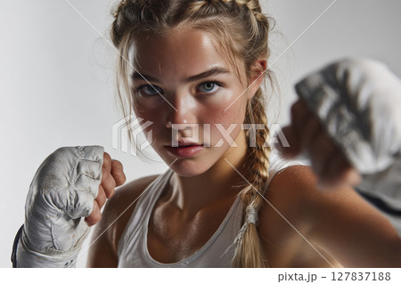 Slim teenage female boxer displaying focus while training in the gym 127837188
