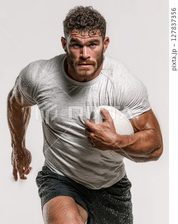 Muscular rugby player charging forward with determination and speed Muscular rugby player charging forward with determination and speed 127837356