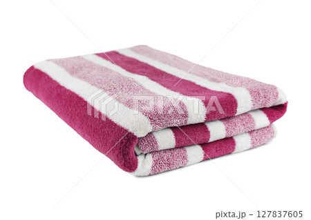 Carefully folded soft striped bath pink towel isolated on white background 127837605