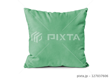 Decorative green velvet rectangular pillow for sleeping and resting isolated on white background 127837606