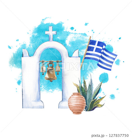 Watercolor composition with a Greek white stone bell tower, a Greek flag, a beautiful clay pot and a large aloe vera on the background of a watercolor turquoise spot. The illustration is isolated on a Watercolor composition with a Greek white stone bell tower, a Greek flag, a beautiful clay pot and a large aloe vera on the background of a watercolor turquoise spot. The illustration is isolated on a 127837750