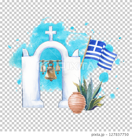 Watercolor composition with a Greek white stone bell tower, a Greek flag, a beautiful clay pot and a large aloe vera on the background of a watercolor turquoise spot. The illustration is isolated on a 127837750