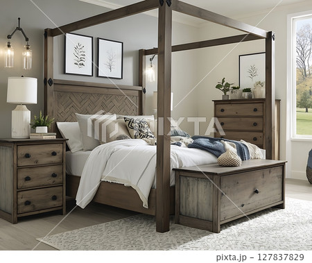 A bedroom with a wooden bed frame and a canopy 127837829