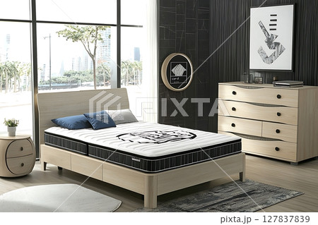 A bedroom with a wooden bed, dresser, and nightstand 127837839