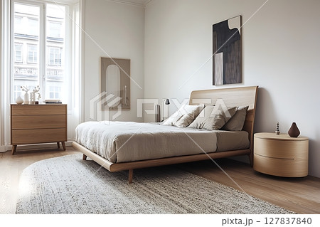 A bedroom with a wooden bed, dresser, and nightstand 127837840