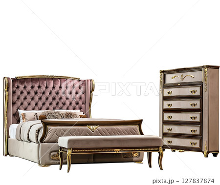 A bed with a headboard and footboard, and a bench next to it 127837874