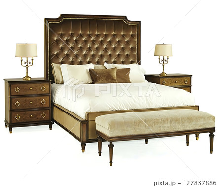 A bed with a brown headboard and a white pillow 127837886