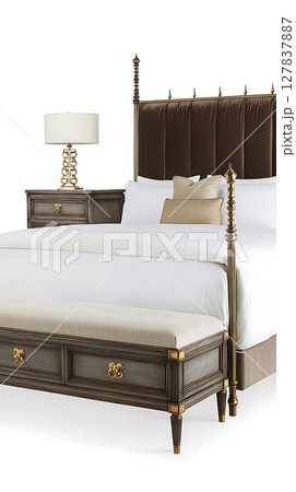 A bed with a wooden headboard and a white pillow 127837887