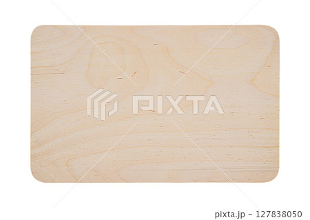 Top surface of the wooden cutting board with characteristic lines of birch plywood longitudinal section isolated on white background. Blank for artworks kitchen, countertop theme, copy space for ads 127838050