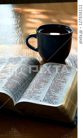 A book is open to a page with a cup of coffee next to it 127838111