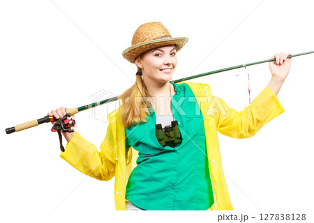 Woman with fishing rod, spinning equipment 127838128