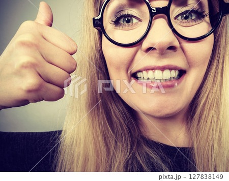 Closeup woman happy face with eyeglasses 127838149