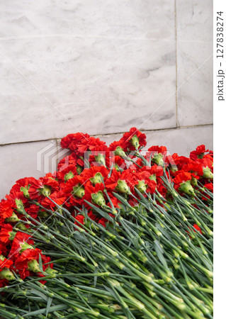 Red carnation flowers in a bouquet on a white marble wall background Red carnation flowers in a bouquet on a white marble wall background 127838274