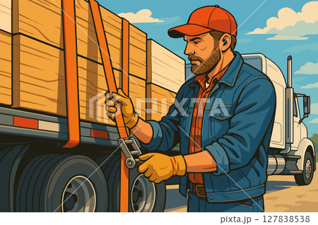 Trucker checking cargo straps before departure from logistics hub Trucker checking cargo straps before departure from logistics hub 127838538