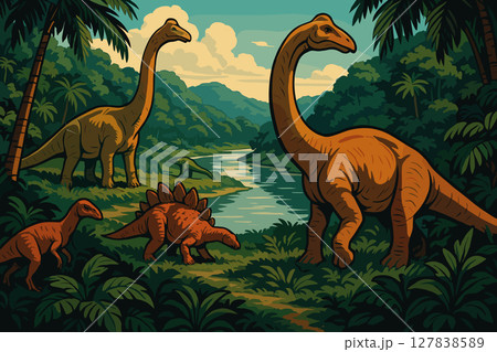 Dinosaurs grazing near jungle riverbank in late Jurassic period 127838589