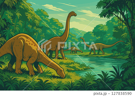 Dinosaurs grazing near jungle riverbank in late Jurassic period 127838590