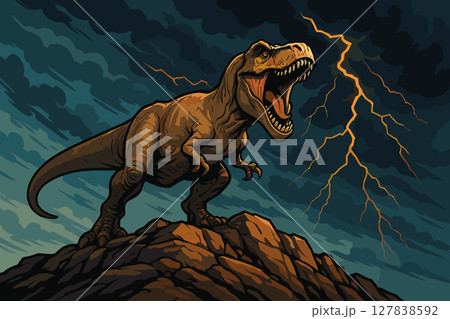 Tyrannosaurus rex roaring on rocky hill under stormy sky 127838592