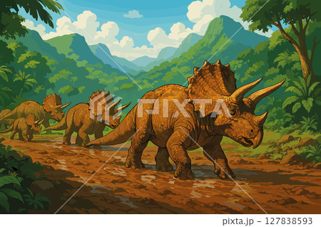 Triceratops herd crossing muddy clearing in lush prehistoric valley 127838593