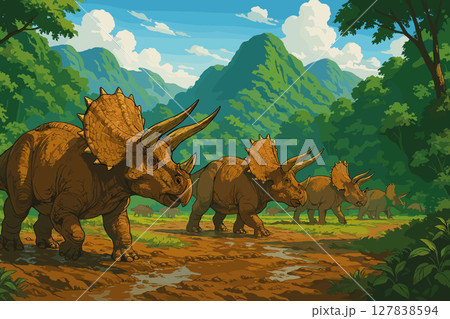Triceratops herd crossing muddy clearing in lush prehistoric valley 127838594
