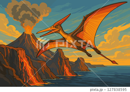 Flying Pteranodon glides through smoke above volcanic coastline near prehistoric ocean 127838595