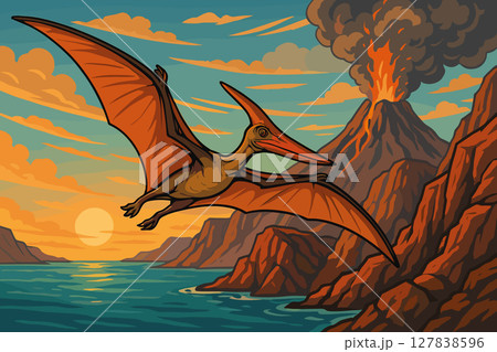 Flying Pteranodon glides through smoke above volcanic coastline near prehistoric ocean 127838596
