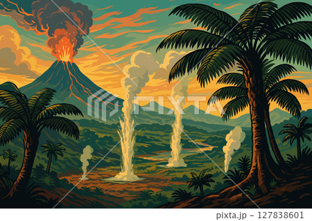 Dramatic prehistoric landscape with volcanoes, geysers, and giant tree ferns 127838601