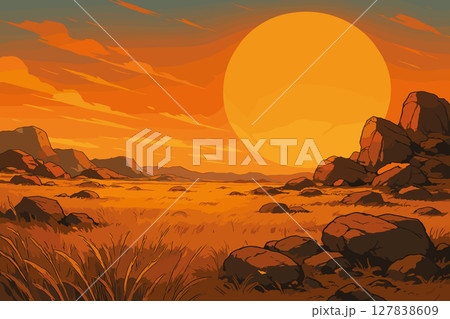 Open plain with rocky outcrops and tall grass in Mesozoic sun 127838609