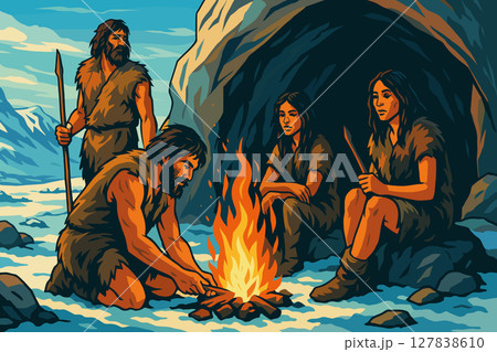 Early humans building fire outside cave during Ice Age 127838610