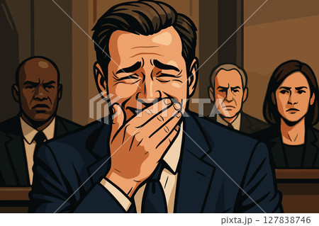 Man hiding laughter behind his hand in a serious moment 127838746