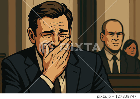 Man hiding laughter behind his hand in a serious moment 127838747