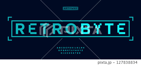 Cyberpunk pixel alphabet, geometric digital numbers letters set, retro gaming font with bold LED style, matrix typeface for tech video game headline, arcade console typography. Vector typeset. 127838834