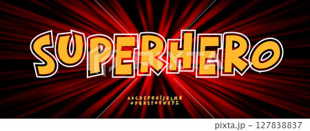 Comic superhero alphabet, bold fun letter set on cartoon explosion burst background, manga font for fun cartoon logo, hero headline, creative pop art typography, modern kids design. Vector typeset. 127838837