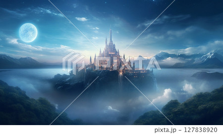 Fantasy magic castle glowing dreamlike floating fantasy. castle in the sky surrounded by magical lights and surreal landscape. Cinematic, high-resolution artwork. 127838920
